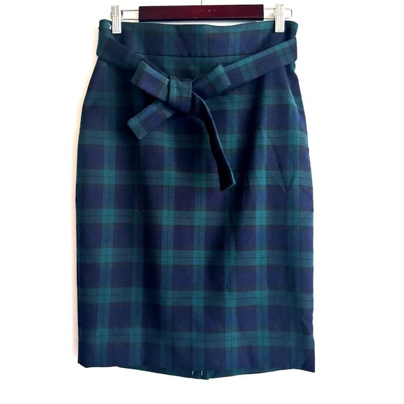 Ann Taylor Blackwatch Plaid Green Blue Tie Waist Pencil Skirt 4 - Picture 1 of 4